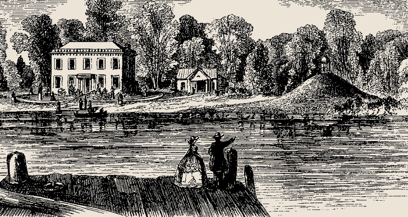 1853 illustration of Tonawanda Island, showing the Beechwater residence, and a ferry The Saratoga plying the waters of the Niagara River.