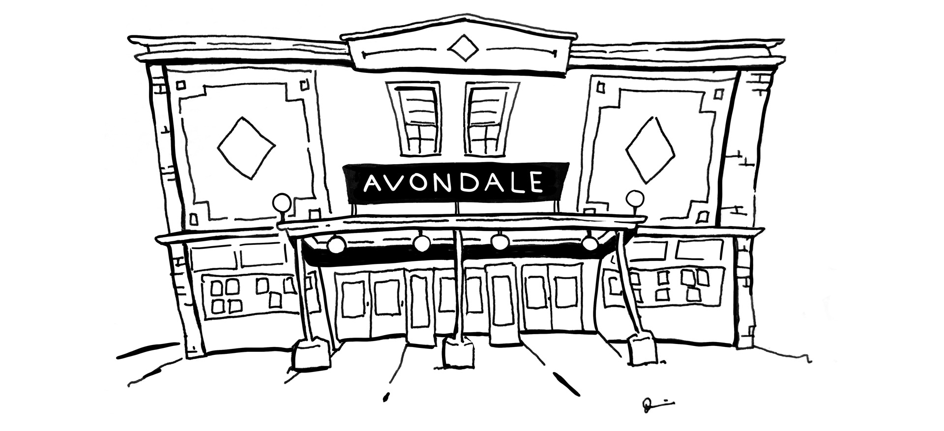 Avondale Theatre as it appeared in 1924. Sketch by Dennis Reed Jr.